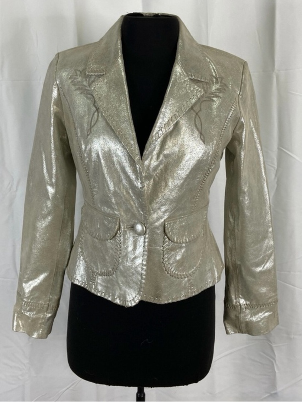 Metallic Gold Silver Genuine Leather Blazer Jacket Braided whipstitch NWOT